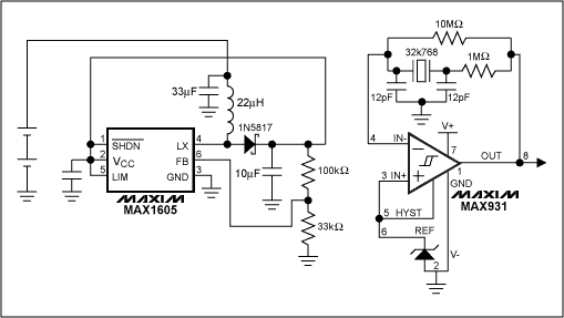 Figure 1. The boost converter operates in its bootstrapped mode, which increases its efficiency. A low-power comparator reduces the current consumption of the 32kHz oscillator used to clock the microprocessor.
