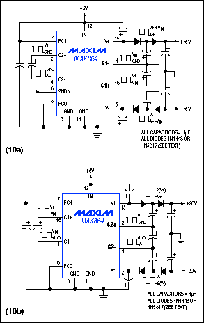 Figure 10. You can obtain higher output voltage from many charge-pump ICs by augmenting the circuit with external diodes and capacitors. These circuits supply up to 20V.
