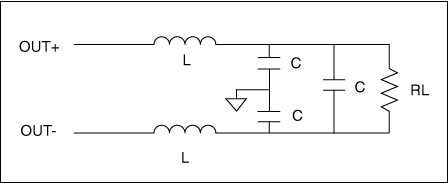 Figure 6. This 2-pole, differential-mode filter serves the example in the text. Inductor values are 4.7?H, capacitor values are 0.047?F, and the speaker impedance (RL) is 8ohm.